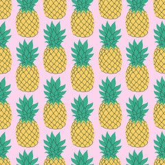 Seamless pattern with pineapples on a pink background. Vector graphics.