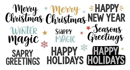 Fototapeta premium Collection of Merry Christmas Happy New Year Winter Holiday Greeting Typography Elements