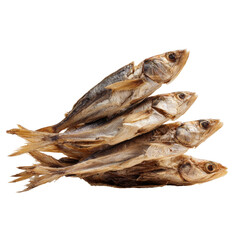 Stacked, dried fish with visible scales and fins on dark background
