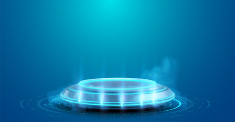 Vector illustration of a futuristic circular platform with luminous rings and holographic glow, soft smoke and light beams over a tech floor grid. Gradient blue background for product display, UI, web