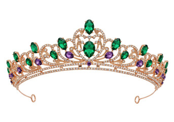 Isolated tiara with green emeralds and purple amethyst gems is luxury head accessory