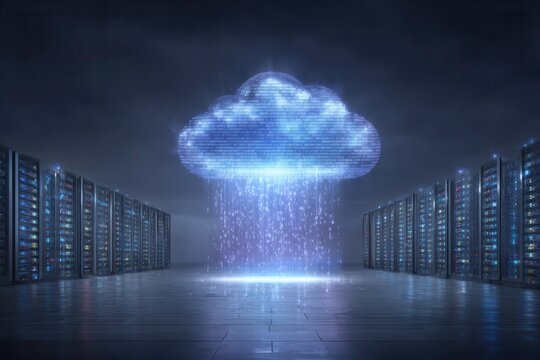 AI entity materializing from binary fog and byte light, computing data from a vast database secured behind a glowing firewall link