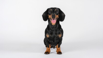 Happy Black and Tan Dachshund Dog Sitting on White Background