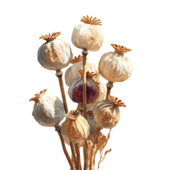 Dried poppy seed pods form a bunch on slender stems on black