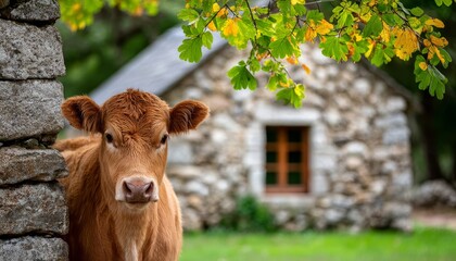 Curious Red Devon Cow Peeking from Stone Wall Near Traditional Farmhouse in Lush Green Meadow Scene