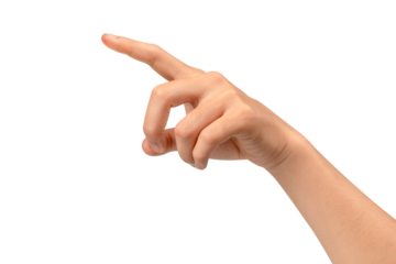 A hand with the index finger pointing up, isolated on a transparent PNG. This gesture can represent touching a virtual screen, selecting an option, or clicking an interface. high quality studio shot.