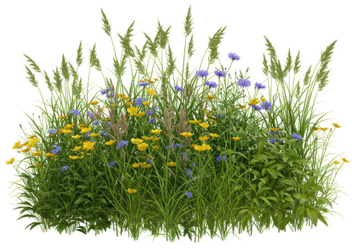 Isolated wildflower patch, lush summer meadow blooms, tall grass plants, scenic herbal groundcover