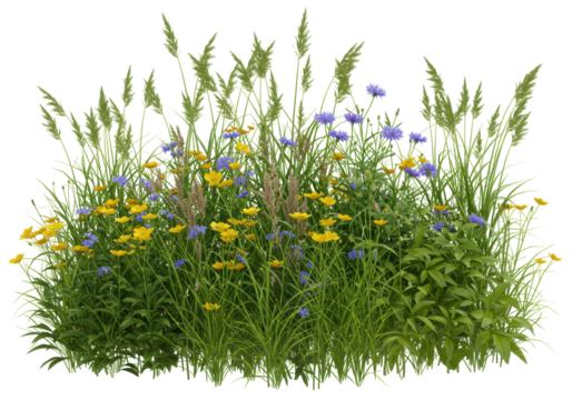 Isolated wildflower patch, lush summer meadow blooms, tall grass plants, scenic herbal groundcover