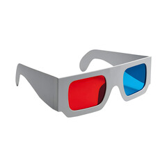 Stereoscopic anaglyph 3D glasses with red and cyan lenses for viewing three-dimensional movies, isolated on a white background
