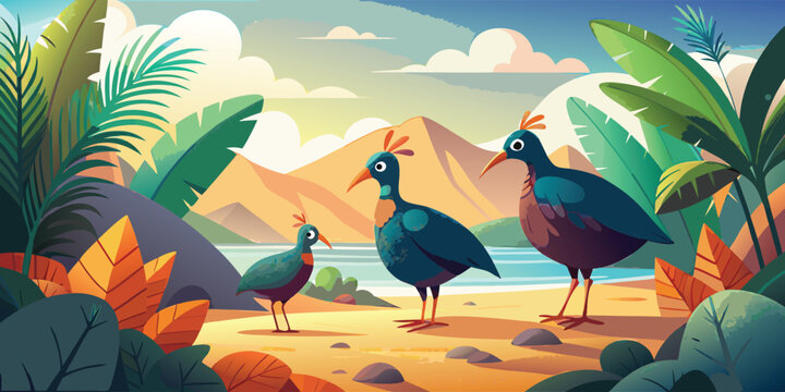 A cute cartoon vector of dark green megapode bird illustrations with wonderful scene, best for postcard or birding design