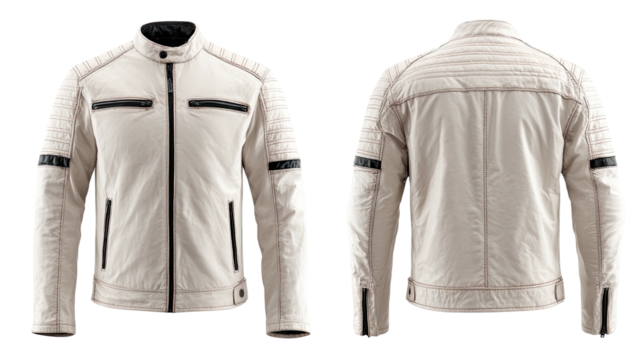 Light-beige moto jacket, front and back views, black trim