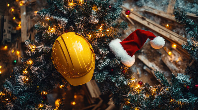 Construction worker's yellow hard hat paired with festive Santa hat adorning snow-covered Christmas tree at work site, blending holiday cheer with industrial safety spirit