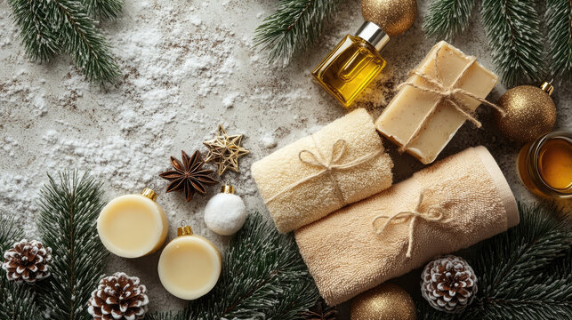Top view of spa essentials with pine branches and ornaments, towels, oils, natural soap, cozy Christmas wellness at home, festive relaxation, holiday self care, copy space