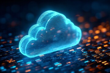 Cloud-shaped padlock over a binary code matrix, symbolizing cloud cybersecurity, ultra-realistic 3D render, blue neon lighting