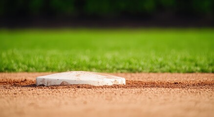 Baseball base on a dirt infield with a blurred green grass outfield during a game. Representing sport and competition