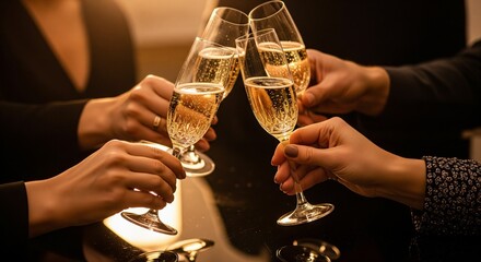 Friends celebrating clinking champagne glasses for a joyous toast at an event