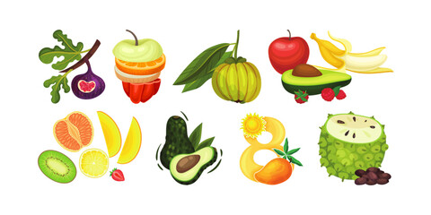 Vibrant and healthy fruit medley featuring fig, apple, avocado, mango, and other fresh produce for wellness and culinary designs
