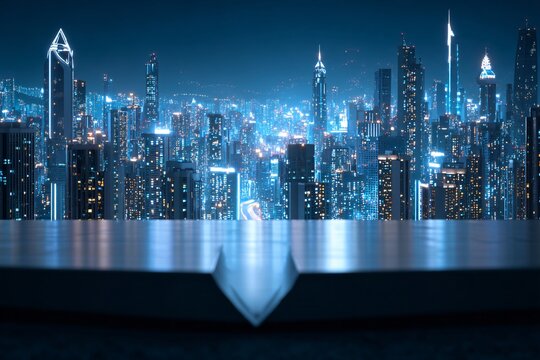 Futuristic digital shield protecting a high-tech city skyline, conceptual cybersecurity theme, 3D render, vibrant LED lighting