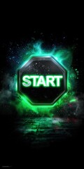 Neon Green Start Button with Glowing Effects on Dark Background