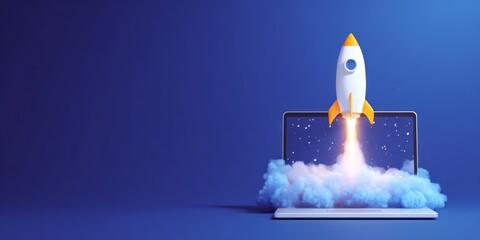 Rocket Launching from Laptop Screen in Blue Background