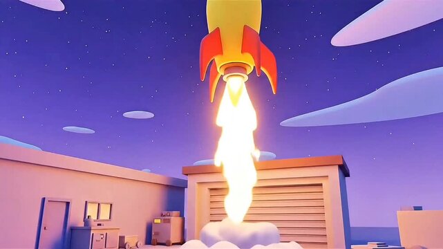 Cartoon rocket launching from workshop at night. seamless looping 4k video background