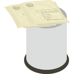 Torn Documents Discarded In White Trash Can With Dark Rim Against Transparent Background