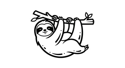 Cute Sloth Hanging on a Branch Line Art Illustration. © Lexxa