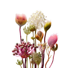 Unusual, textured wildflower blooms against stark black background