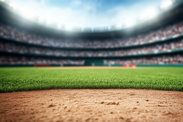 Fototapeta premium Baseball stadium with a green grass field on a sunny day, representing competition, sport, and athletic events