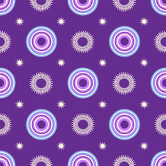 Seamless background in purple tones with stylized circles and star elements. Abstract pattern, slightly futuristic or space design. Modern art for covers, poster, social media, fabrics, wrapping paper