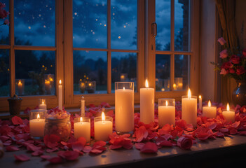 Scene with glowing candles, rose petals, and night sky 