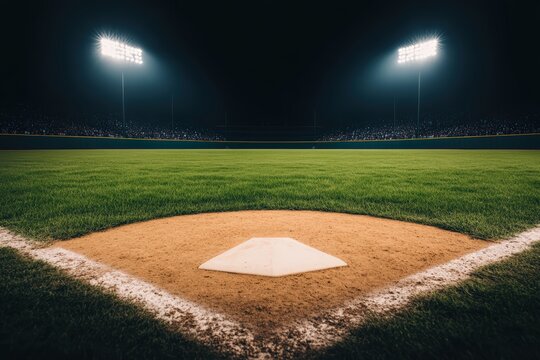 Empty baseball stadium with bright stadium lights illuminating the green grass field and home plate at night