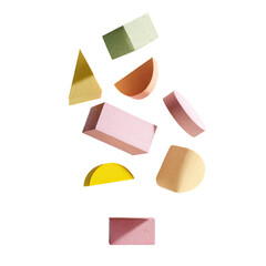 Floating pastel geometric shapes with strong shadows against black