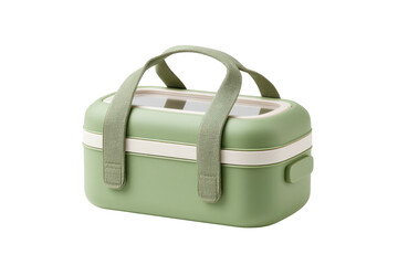 Green lunchbox with handle, cream stripe, clean background