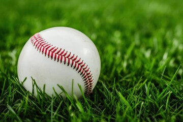 Baseball ball with red stitching lying on fresh green grass, representing sport, game, and outdoor activity