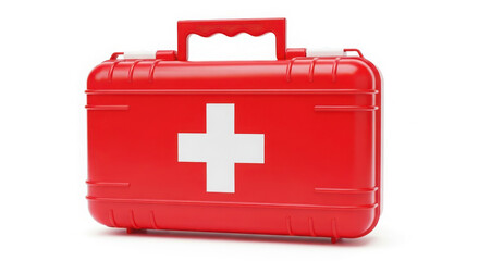 Obraz premium Red first aid kit box with white cross emergency medical supplies