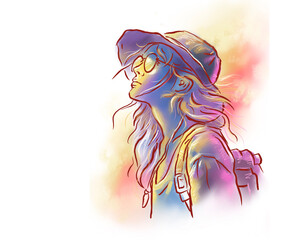 a girl in hat wearing glasses posing with the wind digital art for cad decoration illustration