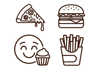 Food Icons Pizza, Burger, Fries, and Cupcake with Happy Face Illustration