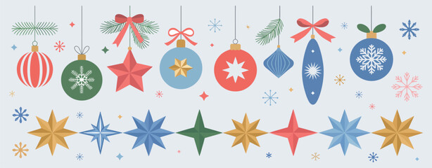 Christmas Baubles and Ornaments Vector. Vintage Holiday Decorations with Festive Patterns and Classic Xmas Decor Balls