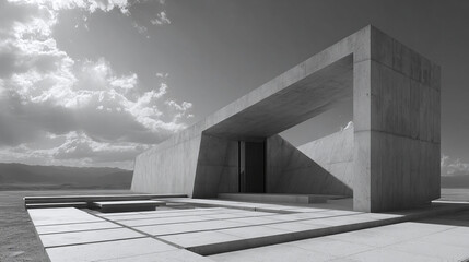 A modern minimalist architectural design against the backdrop of an open landscape