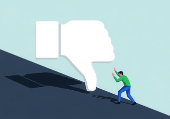 Person pushing giant thumbs down symbol uphill difficult struggle