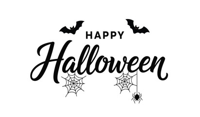 Happy halloween text with bats spiderwebs and a spider festive typography for spooky season celebration and decorations isolated on white background