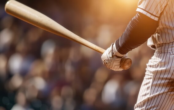 Baseball player in uniform and batting glove holding a wooden bat, preparing to hit the ball during a sport game