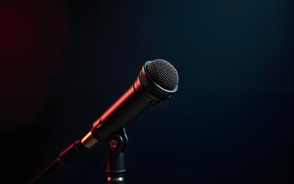 Professional studio microphone on dark background, audio recording banner, podcast or music background. High quality