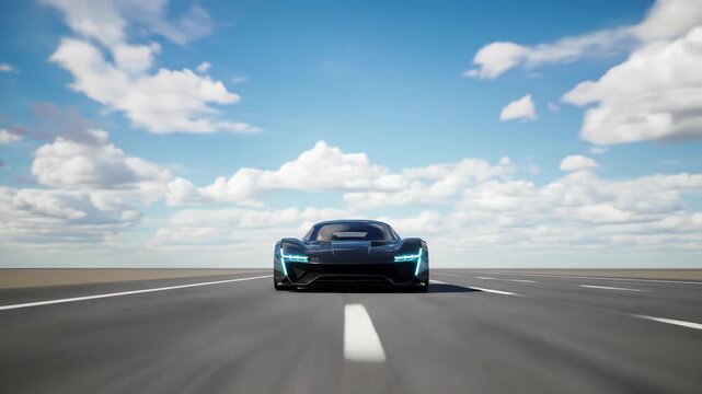 Sleek black futuristic hypercar with blue led headlights glides silently on pristine asphalt, desolate minimalist landscape, azure sky. Journey into the unknown.