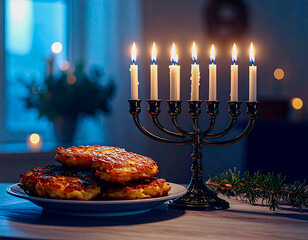 A Hanukkah menorah with seven lit candles stands on a table next to a plate of latkes, with a blurred background.