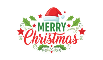 Festive merry christmas typography with santa hat holly stars and ornaments celebrating holiday season isolated on white background