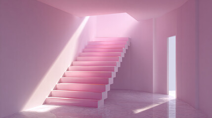 Fototapeta premium Aesthetic pink staircase with a bright skylight. The sunlight creates dramatic shadows and highlights the soft pink hue.