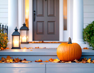 Obraz premium A festive pumpkin and glowing lanterns adorn a home's porch steps, surrounded by fallen autumn leaves.