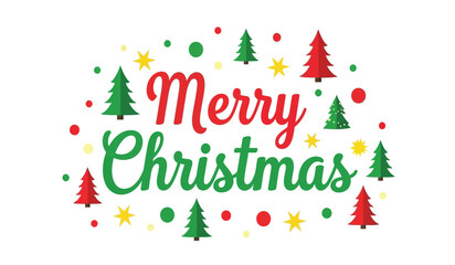 Festive merry christmas typography with snowflakes and pine trees for holiday greetings and celebrations isolated on white background © rsvect02